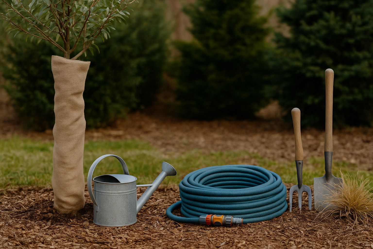Kert téliesítése – fagy ellen védett fiatal fa, öntözőtömlő, locsolókanna és kerti szerszámok előkészítve a télre egy gondozott kertben. Kert téliesítése – fagy ellen védett fiatal fa, öntözőtömlő, locsolókanna és kerti szerszámok előkészítve a télre egy gondozott kertben.