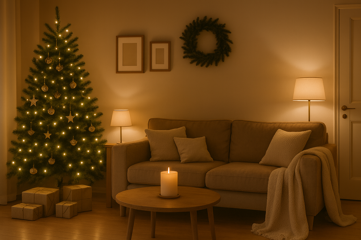 „Meleg, hangulatos karácsonyi nappali: feldíszített karácsonyfa arany és fehér díszekkel, gyertyafénnyel megvilágított fa dohányzóasztal, bézs kanapé puha takaróval és párnákkal, valamint lágy meleg fényű lámpák egy otthonos, ünnepi enteriőrben.”