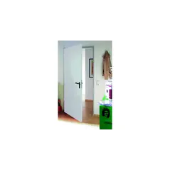 Nyitott fehér beltéri acéllemez ajtó fekete kilinccsel és világos padlóburkolattal.