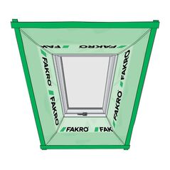 Fakro XDS zöld szegélyű párazáró fóliagallér elölnézeti illusztrációja tetőtéri ablakra illesztve.