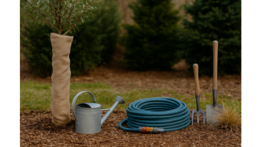 Kert téliesítése – fagy ellen védett fiatal fa, öntözőtömlő, locsolókanna és kerti szerszámok előkészítve a télre egy gondozott kertben.