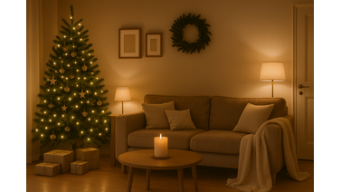„Meleg, hangulatos karácsonyi nappali: feldíszített karácsonyfa arany és fehér díszekkel, gyertyafénnyel megvilágított fa dohányzóasztal, bézs kanapé puha takaróval és párnákkal, valamint lágy meleg fényű lámpák egy otthonos, ünnepi enteriőrben.”