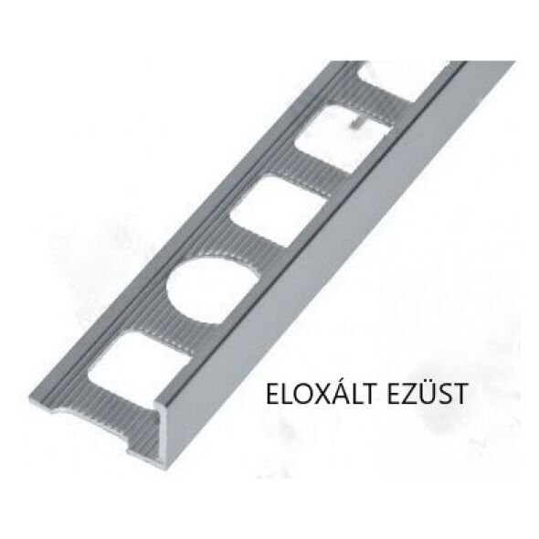 Perforált rögzítőszárú, eloxált ezüst alumínium L élvédő profil.