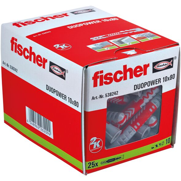 Fischer DuoPower 10x80 dübelek 25 darabos papírdobozos csomagolása