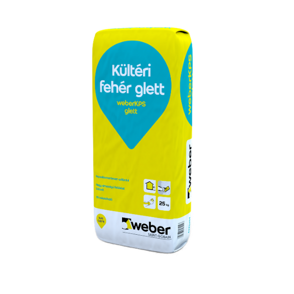 Weber Kültéri fehér glett (weberKPS) 25 kg-os gyári csomagolása fehér háttér előtt.