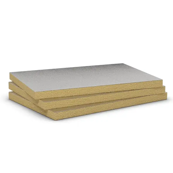 Rockwool Techrock 100 ALS alukasírozott kőzetgyapot hőszigetelő lemezek egymásra helyezve.